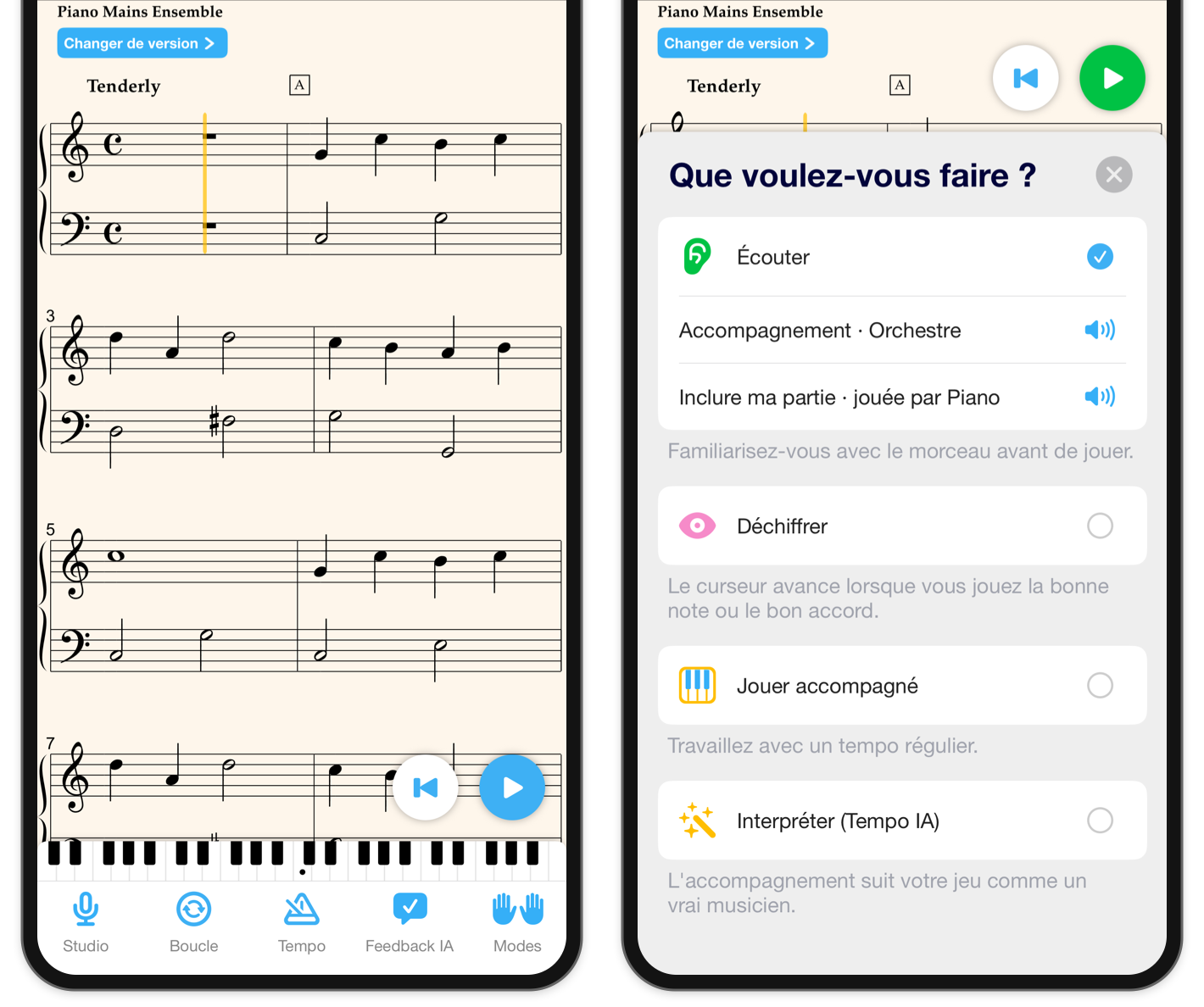 Deux vues recadrées sur iPhone de Love Me Tender : la barre d'outils principale de la partition et le tiroir Modes avec Écouter sélectionné.