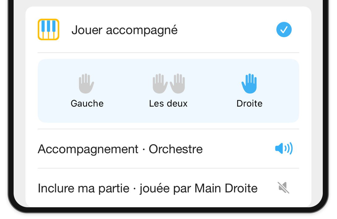 Tiroir Modes recadré sur iPhone dans Love Me Tender, avec la main droite sélectionnée et les commandes de l’accompagnement orchestral.