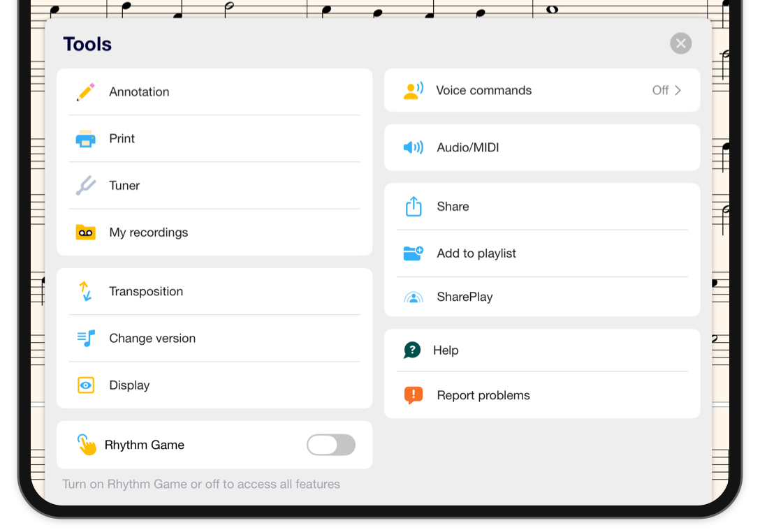 The Tools menu open over the score in landscape, with annotation, print, tuner, recordings, transposition, versions, display and audio settings.