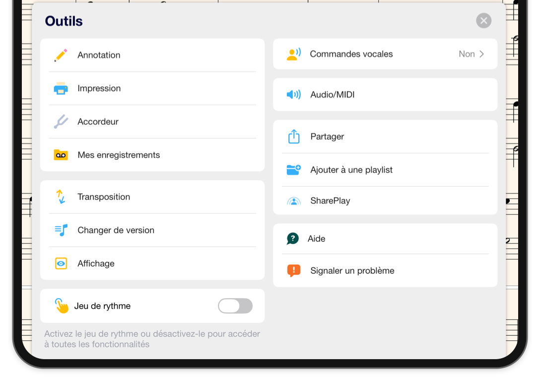 Le menu Outils ouvert sur la partition en mode paysage, avec annotation, impression, accordeur, enregistrements, transposition, versions, affichage et réglages audio.