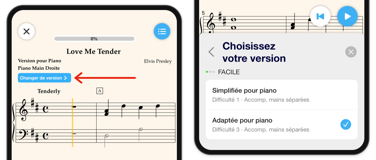 Une flèche rouge pointe vers Changer de version au-dessus de la partition ; le sélecteur de version ouvert affiche les arrangements et leurs niveaux de difficulté.