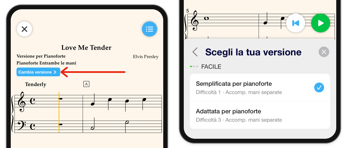 Una freccia rossa indica Cambia versione sopra lo spartito; il selettore delle versioni mostra arrangiamenti e livelli di difficoltà.