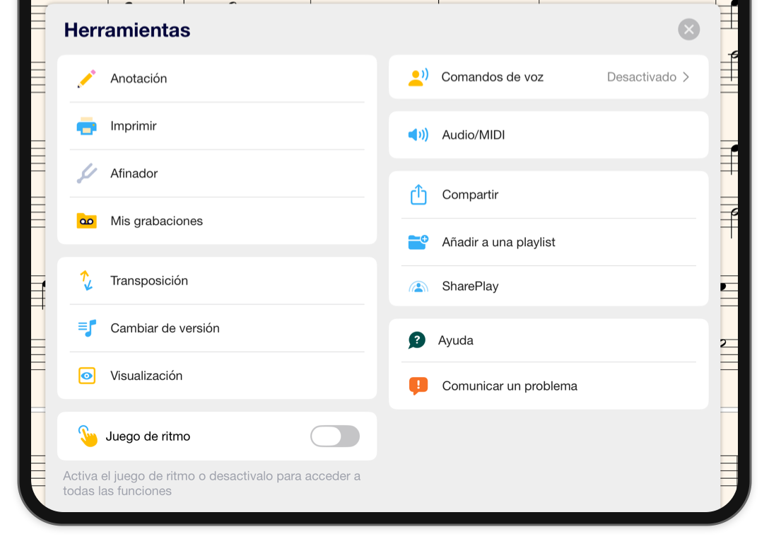 El menú Herramientas abierto sobre la partitura en horizontal, con anotación, impresión, afinador, grabaciones, transposición, versiones, visualización y configuración de audio.
