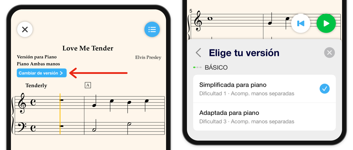 Una flecha roja señala Cambiar de versión sobre la partitura; el selector de versiones abierto muestra los arreglos y sus niveles de dificultad.