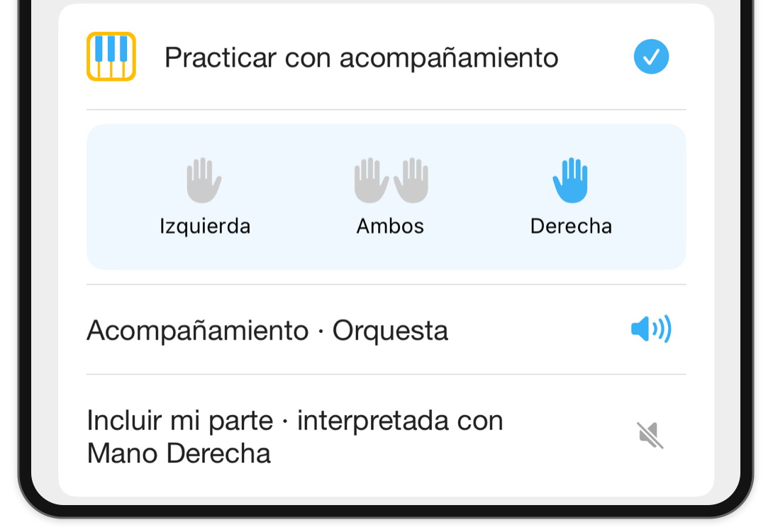 El selector de manos dentro de Modos con la mano derecha seleccionada, y controles de audio separados para el acompañamiento y la parte del usuario.