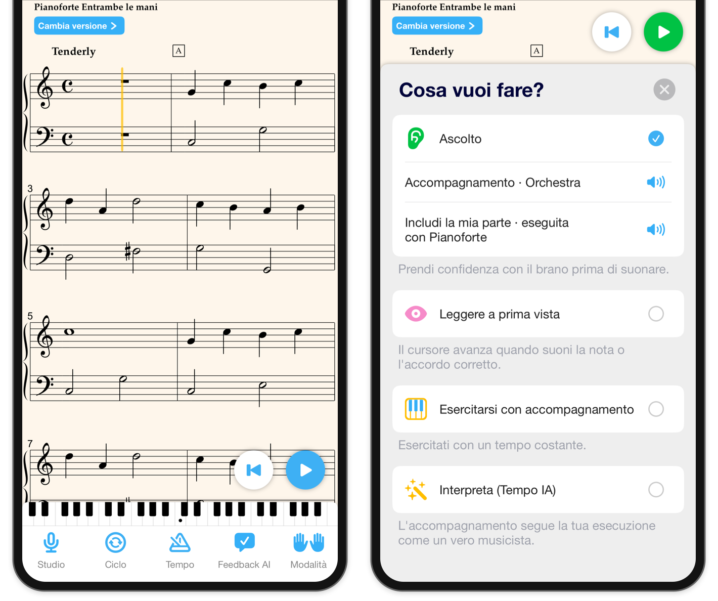 Due viste ritagliate di iPhone di Love Me Tender: la barra degli strumenti principale dello spartito e il cassetto Modalità con Ascolto selezionato.