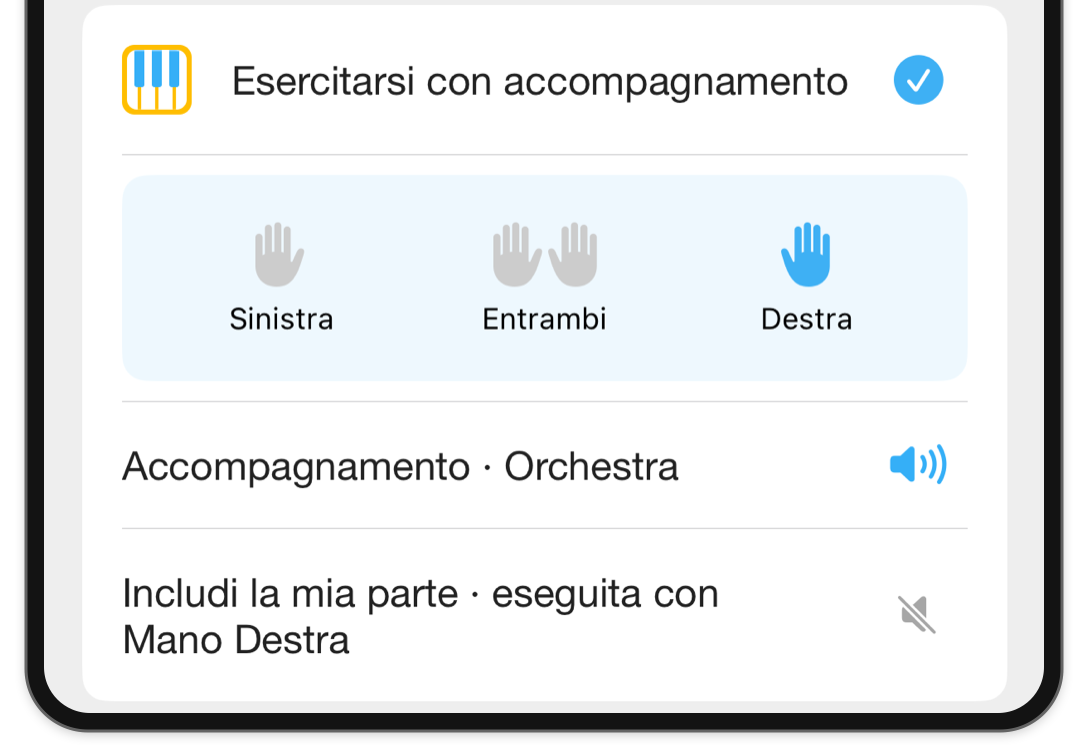 Cassetto Modalità ritagliato su iPhone di Love Me Tender, con la mano destra selezionata e i controlli dell'accompagnamento orchestrale.