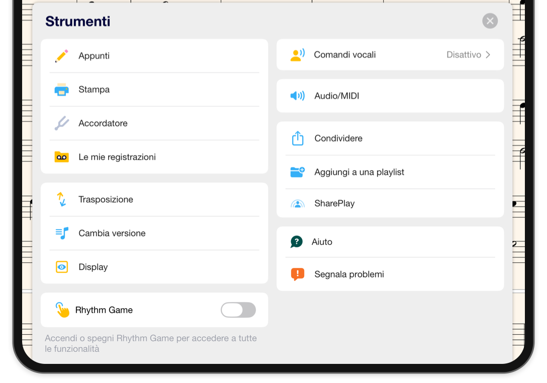 Il menu Strumenti aperto sopra lo spartito in modalità orizzontale, con annotazioni, stampa, accordatore, registrazioni, trasposizione, versioni, impostazioni di visualizzazione e audio.