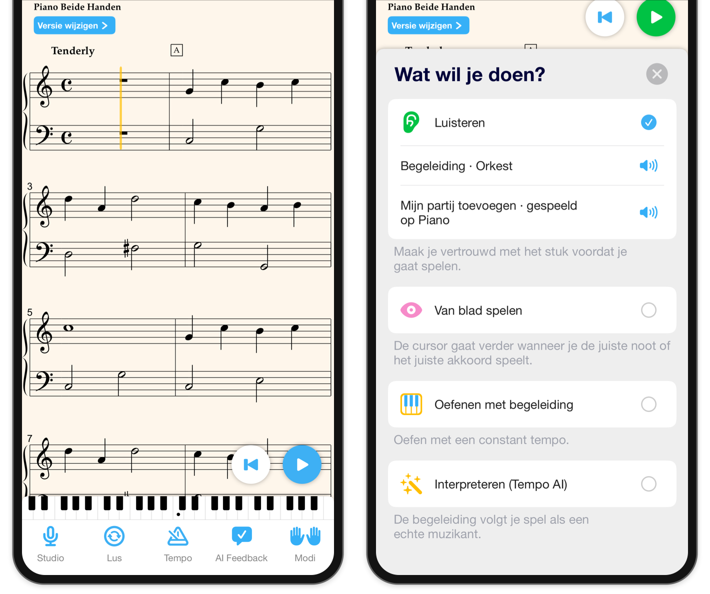 Twee bijgesneden iPhone-weergaven van Love Me Tender: de hoofd partituurbalk en de Modi lade met Luisteren geselecteerd.