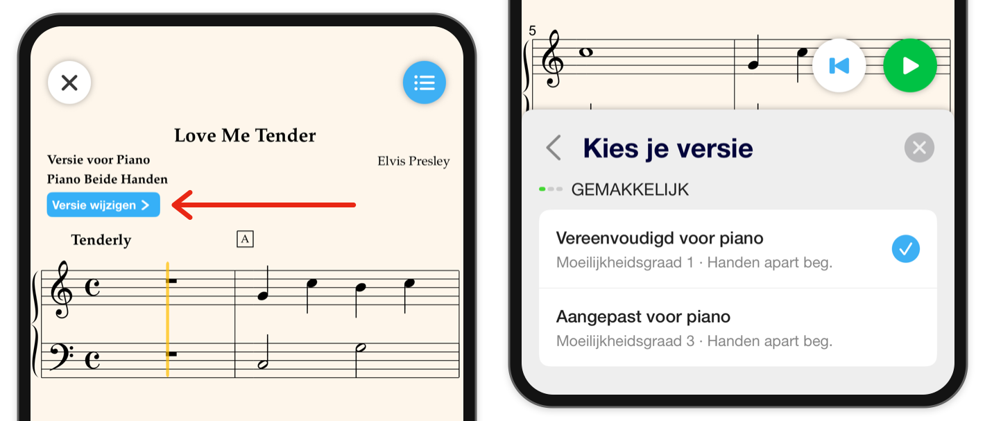 Een rode pijl wijst naar Versie wijzigen boven de bladmuziek; de geopende versie-kiezer toont arrangementen en hun moeilijkheidsgraden.