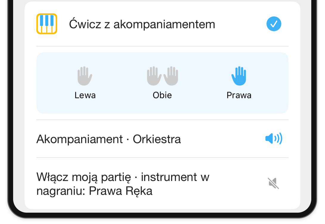 Przycięty panel Tryby na iPhonie w Love Me Tender, z wybraną prawą ręką i kontrolkami akompaniamentu orkiestrowego.
