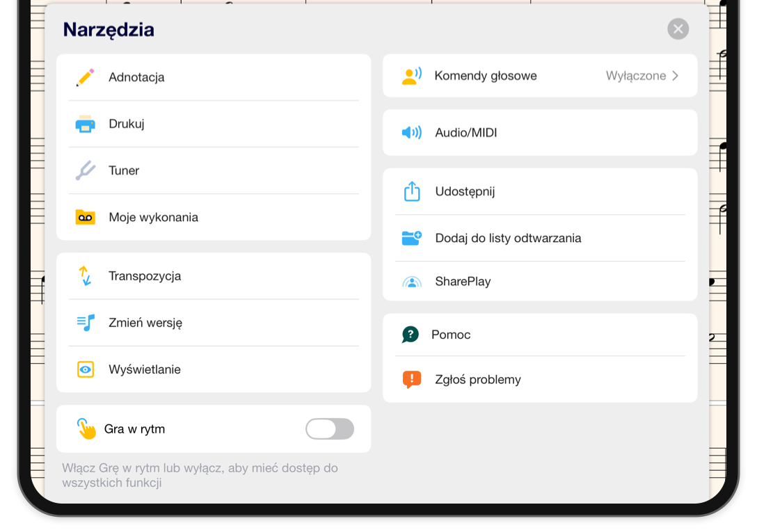 Otwarte menu Narzędzia nad partyturą w orientacji poziomej, z opcjami adnotacji, drukowania, strojenia, nagrań, transpozycji, wersji, ustawień wyświetlania i audio.