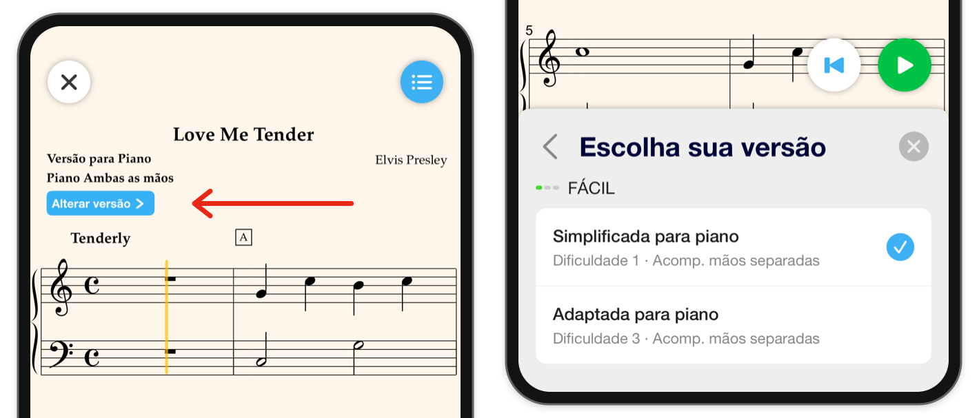 Uma seta vermelha aponta para Alterar versão acima da partitura; o seletor de versões aberto lista arranjos e seus níveis de dificuldade.