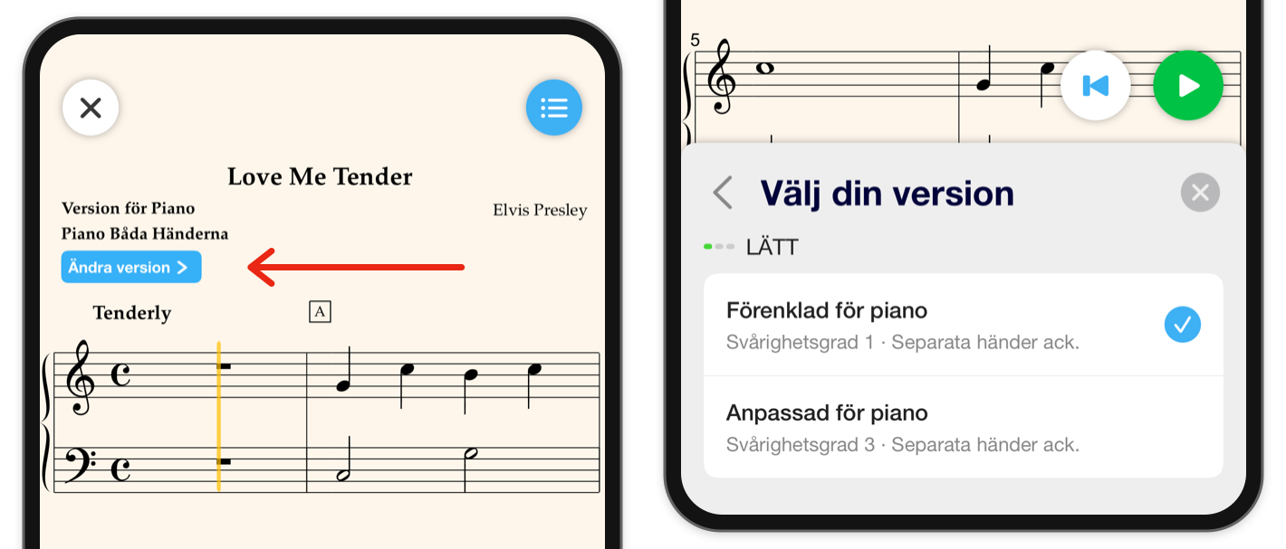 En röd pil pekar på Ändra version ovanför noterna; den öppna versionsväljaren visar arrangemang och deras svårighetsgrader.