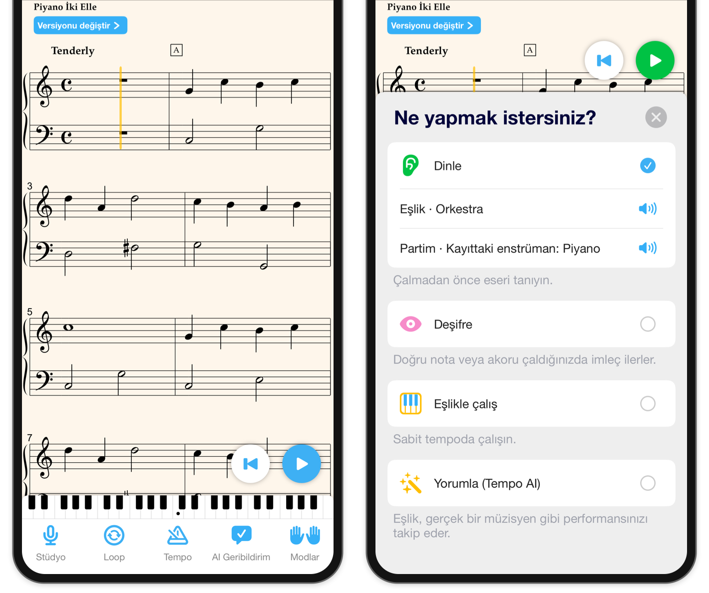 Love Me Tender adlı parçanın iki kırpılmış iPhone görünümü: ana nota araç çubuğu ve Modlar çekmecesi, Dinle seçili.