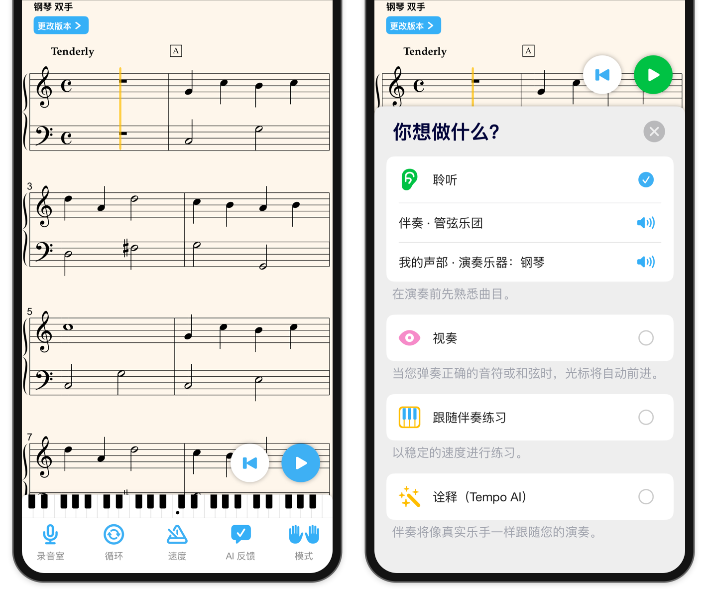 Love Me Tender 的两张 iPhone 截图：主乐谱工具栏和已选 聆听 的 模式 抽屉。