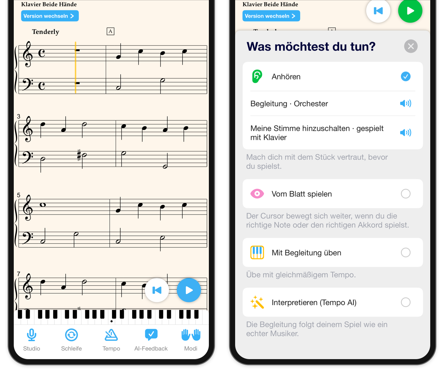 Zwei Ausschnitte von iPhone-Ansichten von Love Me Tender: die Haupt-Werkzeugleiste der Partitur und die Modi-Schublade mit ausgewähltem Anhören.