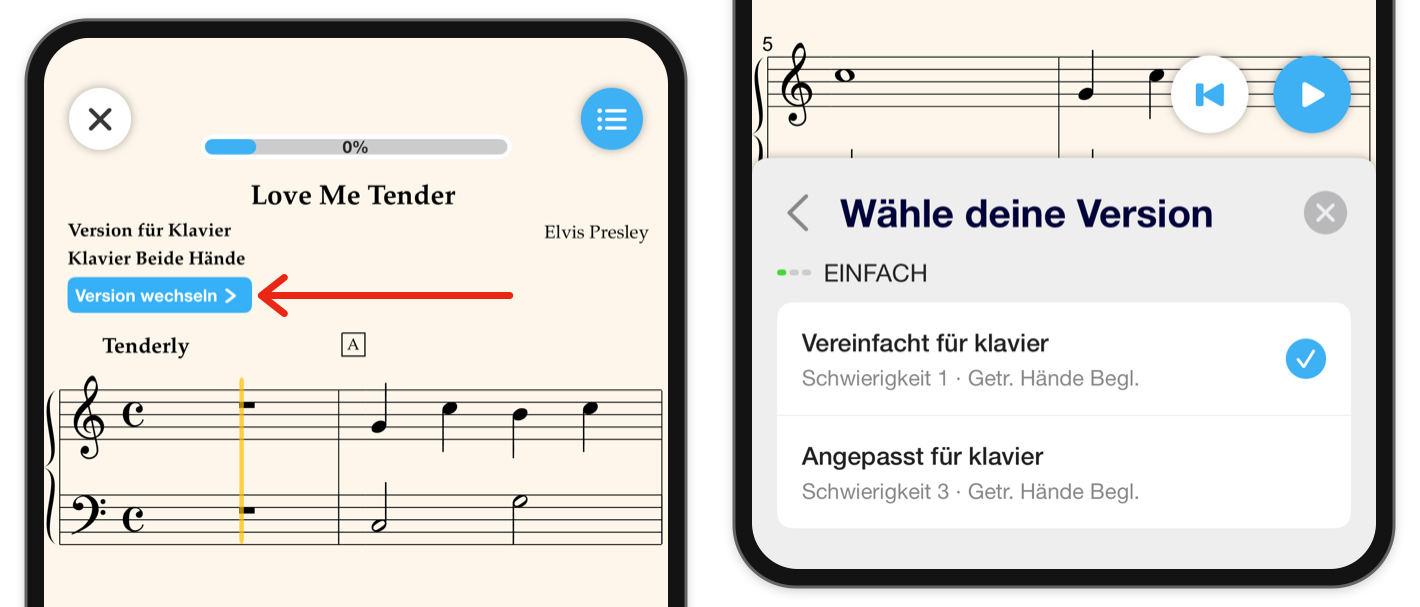 Ein roter Pfeil zeigt auf Version wechseln über der Notenansicht; der geöffnete Versionswähler listet Arrangements und ihre Schwierigkeitsgrade auf.
