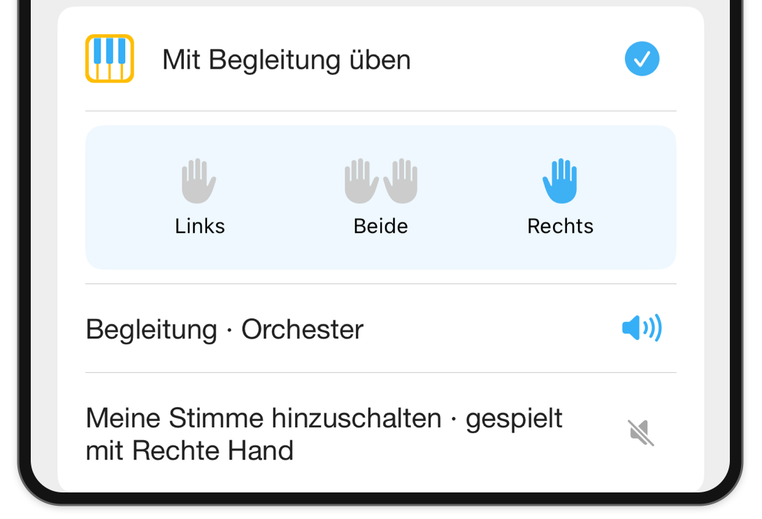 Der Hand-Wähler innerhalb von Modi mit ausgewählter rechter Hand und separaten Audioreglern für die Begleitung und die eigene Stimme.